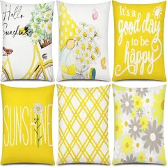Summer Yellow Pillow Covers 18x18 Set of 6 Decorative Gnome Daisy Flower Throw Pillow Cover for Couch Modern Farmhouse Cushion Cover for Living Room Outdoor Patio Home Decor