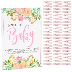 Floral Baby Shower Clothespin Game For Girl, Don't Say Baby Theme with 60 Pink Clothes Pins and 8x10-Inch Sign