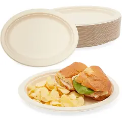 Sugarcane Bagasse Plates, Disposable Dinnerware (10 x 8 Inches, 50 Pack) Brown