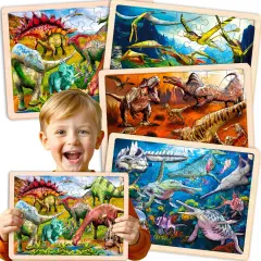 4 Set 36 Pcs Wooden Puzzles for Kids | Dinosaur World