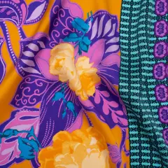 1 Yard Golden Yellow Purple Teal Silk Charmeuse Print Floral Abstract Stripes Made in Italy Width 53"