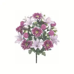 21" Artificial Purple Lily, Daisy & Rose Bud Bush &ndash; Faux Floral Pick for Wreaths, Vases & Home Decor-FBX111-PU/LV
