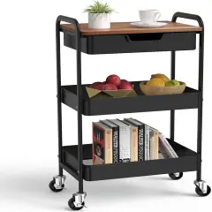 3 Tier Rolling Cart with Drawer, Metal Utility Cart on Wheels Storage Cart