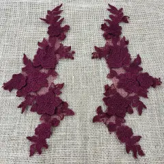 1 Pair 3D Floral Lace Applique Embroidered on 100% Polyester Net Mesh 12" x 4" Each Side Fuchsia