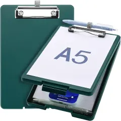 Small Clipboard with Storage, A5 Clipboards with Pen Holder, Mini Plastic Clipboard with Low Profile Clip for Classroom, School, Office Supplies (Emerald)
