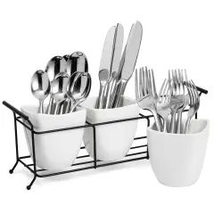 3 Piece White Ceramic Utensil Holder with Metal Stand, Flatware Caddy for Cutlery, Silverware, Kitchen Organizing (White, 13 x 4 x 5 In)