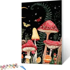Paint by Numbers for Adults Beginner & Kids Ages 8-12 with Wooden Frame Easy Acrylic on Canvas 9x12 inch with Paints and Brushes, Moon Mushroom Forest Butterfly(Include Framed)
