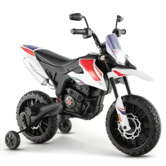 Metal 12V Kids Motorcycle with Dual Motors, Music and Training Wheels White