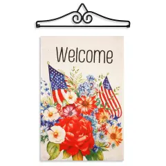 G128 Combo Pack Garden Flag Hanger 14IN & Garden Flag Welcome American Flag Flowers Printed 12x18IN Double Sided Yard Garden Lawn Decoration