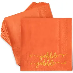 50 Pack Thanksgiving Cocktail Napkins Party Supplies Table Decorations, Gobble Gobble (5 x 5 In) Orange