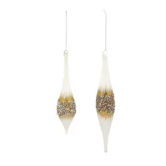Melrose Sequin Glass Christmas Finial Drop Ornaments - 10.75" (270mm) - White and Gold - 12ct