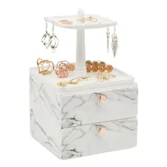 Marble Jewelry Display Tray and Makeup Organizer with Drawer for Vanity (7.3 x 7.7 x 13 in) White