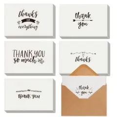 48-Pack Black and White Thank You Cards with Kraft Paper Envelopes for Graduation, Wedding, Birthday, Baby Shower, Blank Inside, Assorted Simple Vintage-Style Designs (4x6 In)