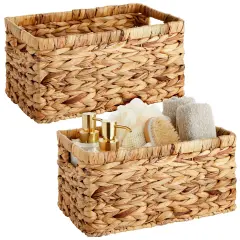 2 Pack Small Rectangular Wicker Baskets for Shelves, 6 Inch Wide Hand Woven Water Hyacinth Baskets for Shelf Organizing, Storage Brown