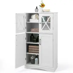 Black Bathroom Towel Linen Cabinet with Glass Doors and Storage Shelves White