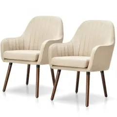 Set of 2 Retro Linen Accent Chairs with Rubber Wood Frame and Ergonomic Curved Backrest Off-White