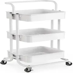 3 Tier Mesh Utility Cart, Rolling Metal Organization Cart with Handle and Lockable Wheels