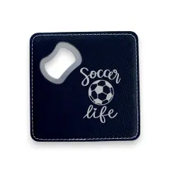 Coaster W/ BOTTLE OPENER - Soccer LIfe - SET OF 2 LEATHER Black/Silver