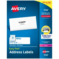 Avery Easy Peel Printable Address Labels with Sure Feed, 1-1/3" x 4", White, 1,400 Blank Mailing Labels for Laser Printers (5162)