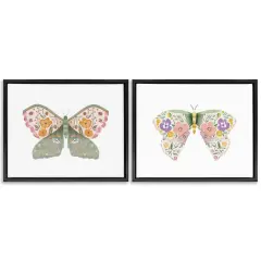 Stupell Industries Folk Florals Butterflies 2pc Floater Framed Canvas Wall Art Set Design by Kim Allen