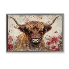 Stupell Industries Highland Cow in Spring Floater Framed Canvas Wall Art Design by LSR Design Studio