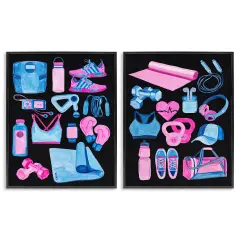 Stupell Industries Exercise Gear Pink & Blue 2pc Framed Giclee Wall Art Set Design by Melissa Wang 