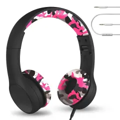 LilGadgets Connect+ Style On-Ear Kids Headphones with Microphone - SharePort Technology, SoftTouch Padding, Detachable Cable, Noise Reduction, Durable & Adjustable - Pink Camo Multicolor