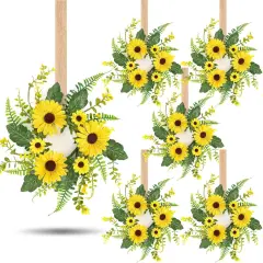 6 Pcs Sunflower Wreaths for Front Door &ndash; Artificial Yellow Floral Swag for Summer, Candle Rings for Pillars, Cabinets, and Window Home D&eacute;cor