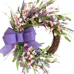 18 Inch Summer Forsythia & Lavender Wildflower Wreath for Front Door &ndash; Rustic Farmhouse Artificial Flower Wreath with Burlap Bow for Indoor and Outdoor Home Decor