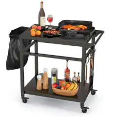Black Metal BBQ Cart Table with Storage Shelf, Hooks and Lockable Wheels