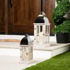 Northlight Antique Style Wooden Candle Lanterns - 21.5" - White and Silver- Set of 2