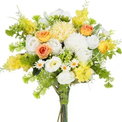 8Pcs Artificial Silk Rose Bouquet Yellow with Faux Lilac Floral Arrangements, White Flowers Picks for Home Table Centerpieces Summer Decorations