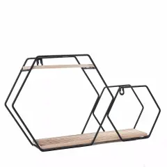 Black Natural 2 Tier Hexagon Metal Wood Geometric Floating Shelf Decorations