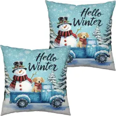 Hello Winter Pillow Covers 18x18 Set of 2 Blue Truck with Lovely Snowman Puppy Dog Throw Pillow Case Snowflakes Snowman Cushion Case for Holiday Decorations Couch Sofa