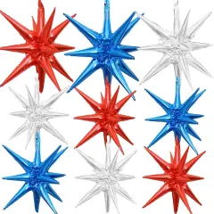 9 Pieces Red White Blue Explosion Star Balloons, Large 27 & 22 Inches 14-Pointed One-Piece Cone Stars Fireworks Foil Balloons for 4th of July, Independence Day USA Patriotic Party Decorations