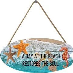 Summer Beach Sign &ndash; "A Day at the Beach Restores the Soul" Surfboard Decor with Starfish, Sea Horse, and Scallop Decoration, 18x6.4in Wall Plaque for Beach House and Door Decor