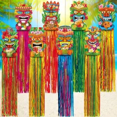8 Pcs Summer Hawaiian Luau Party Decoration Tiki Totem Hanging Decorations with Tassels for Aloha Hawaii Luau Tropical Birthday Party Supplies