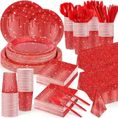 452 Pcs Red Birthday Party Decoration Include Red Diamond Paper Plates Napkins Cups Tablecloth Cutlery Straws Tableware