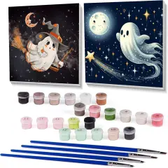 2 Pcs Halloween Paint by Numbers Kits for Kids Framed,Ghosts Adults' Paint-by-Number Kits on Canvas Easy Acrylic Oil Painting by Number for Adults Halloween for Home Decor 8x8 inchs