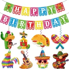 Pre-strung Taco Birthday Party Decorations, with 1pcs Fiesta Happy Birthday Banner, 8pcs Cinco De Mayo Hanging Swirls, Mexican Birthday Party Decorations, Fiesta Birthday Party Decorations