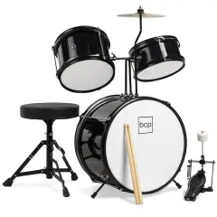 Best Choice Products Kids Beginner 3-Piece Drum, Musical Instrument Set w/ Sticks, Cushioned Stool, Drum Pedal Black
