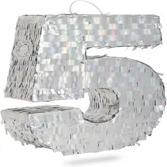 Small Holographic Silver Foil Number 5 Pinata for Kids Birthday Party Decorations (15.7x9x3 in)