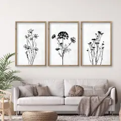 Summer Flower Plant Wall Decor 16"x11", Set of 3 Black and White Botanical Paintings, Wood Framed for Minimalist Bedroom, Office, and Rustic Living Room, Abstract Wildflower Hanging Sign (Wood White)
