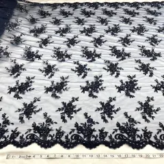 1 Yard Beaded Corded Bridal Lace Fabric Embroidered Mesh Champagne 54" Width Navy