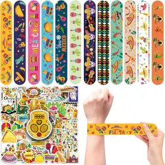 74Pcs Cinco De Mayo Fiesta Theme Party Favors Contain 24 Pcs Mexican Theme Slap Bracelets 50Pcs Cinco De Mayo Fiesta Theme Stickers, Birthday Party Decorations,Classroom Rewards Supplies.