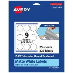 Avery TrueBlock Matte White Paper Labels,2-1/2" diameter Round Scalloped