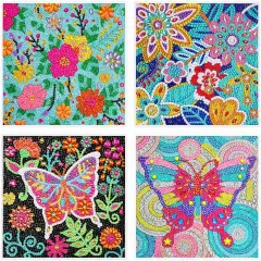 4 Pack Cute Butterfly Flower Diamond Painting Kits for Kids Girls Ages 3-12 Art Crafts 5D Mosaic Gems Paint Sets by Number Kits for Kids Girls for Home Office Wall Decor