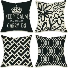 Decorative Throw Pillow Covers 18x18 Set of 4, Inspirational Black White Geometric Outdoor Pillowcase, Modern Abstract Flower Couch Cushion Case Home Decor
