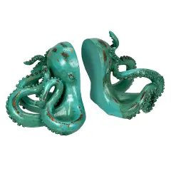 Aqua Green Octopus Bookends Set of 2 Nautical Polyresin Coastal Shelf Decor