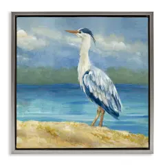 Stupell Industries Heron on Cloudy Beach Framed Floater Canvas Wall Art Design by Lanie Loreth